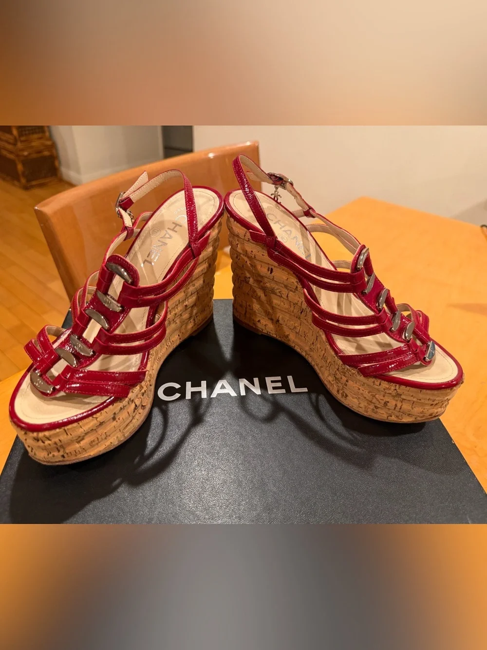 CHANEL Red Patent Leather Cork Wedge Sandals with Strappy Slingback